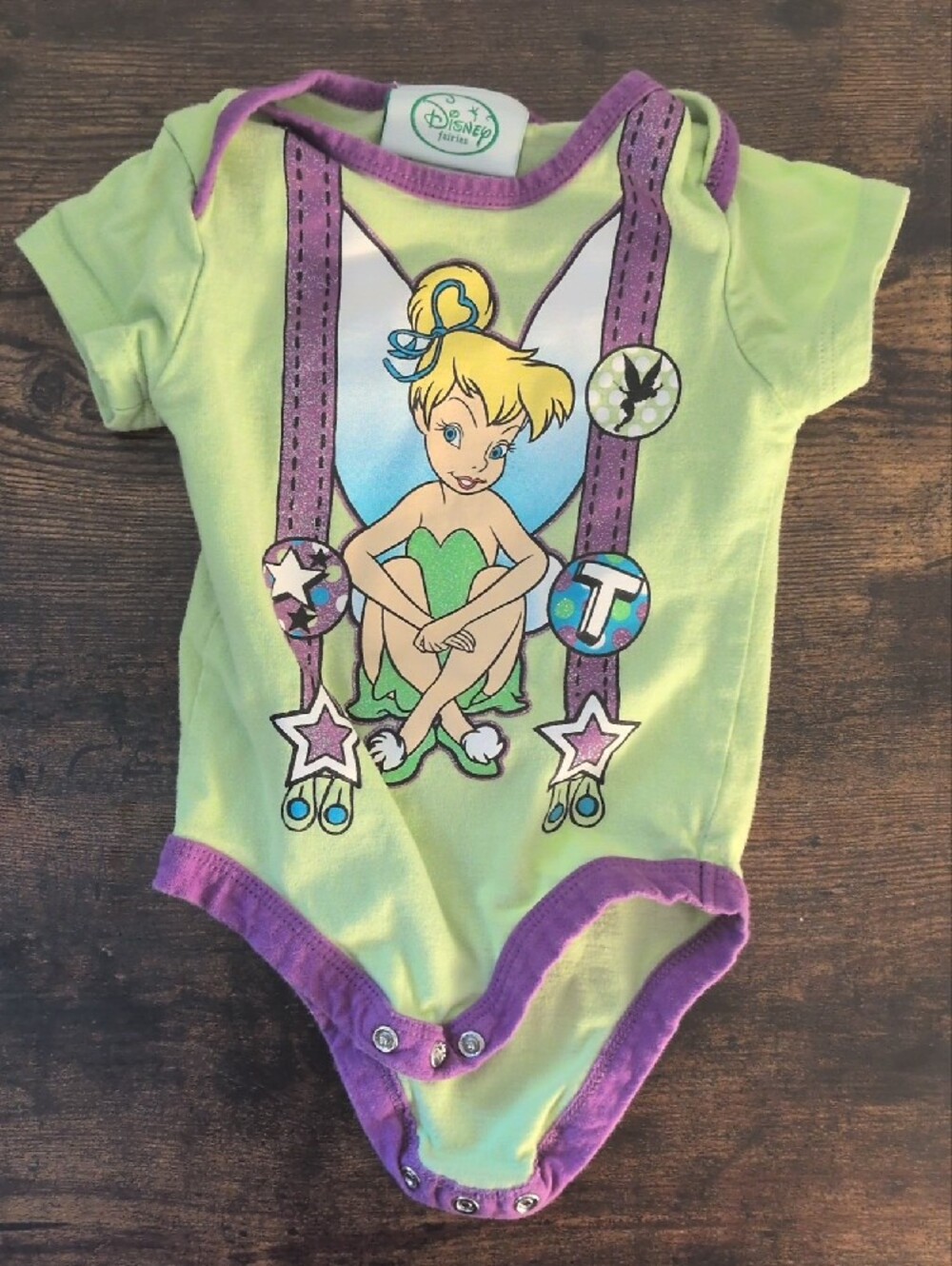 5/$25 Disney Fairies Baby Green & Purple Onesie Bodysuit 6M
